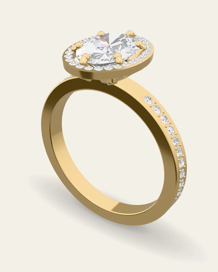 Oval halo ring in yellow gold, rendered in Praycious Studio