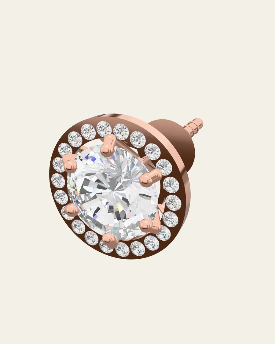 Halo stud earring in rose gold, rendered in Praycious Studio