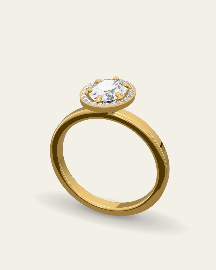 Oval halo · yellow gold
