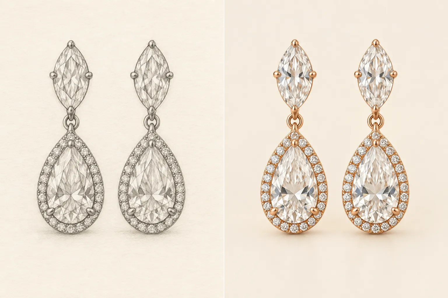 Illustrative study: pear drop earrings, sketch beside polished concept