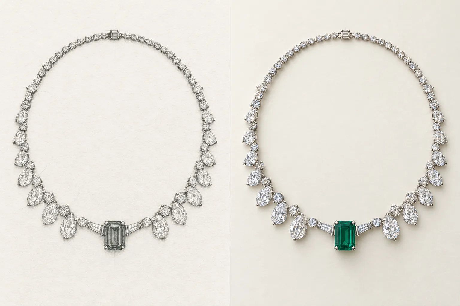 Illustrative study: emerald rivière, sketch beside polished concept