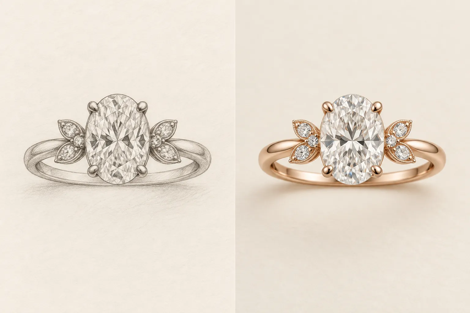Illustrative study: petal ring, sketch beside polished concept